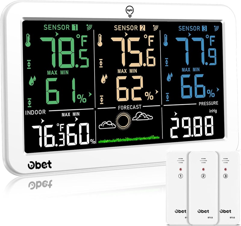 OBET Weather Station Wireless Indoor Outdoor Thermometer with 3 Sensors, Temperature Humidity Monitor with Alerts 500ft Range and 3 Adjustable Brightness White - Image 1